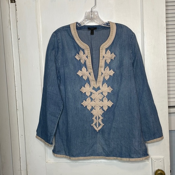 J Crew Chambray Denim Popover Tunic Top Soutache Embroidered Boho Sz 10 - Picture 3 of 12